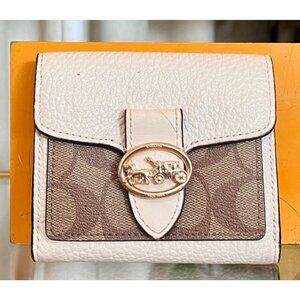 Coach Small Bifold Wallet In Signature Canvas & Leather With Horse & Carriage Lo